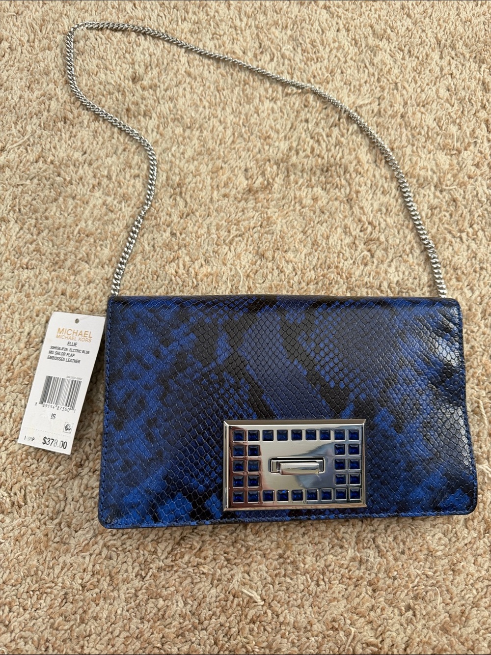 Michael Kors Ellie Blue Snake-Embossed Crossbody with Silver Chain